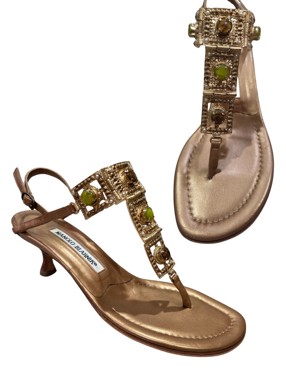 MANOLO Blahnik Gold Beaded Thong Kitten Heel Sandal Sling Back EUC SZ 36.5